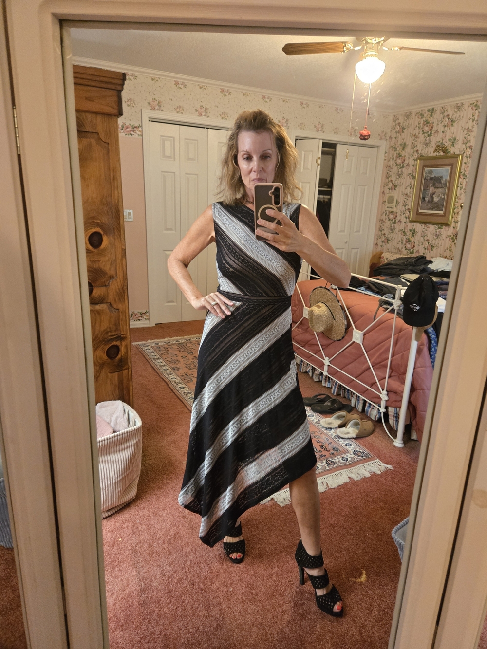 BCBGMaxAzria Black and Gray Asymmetrical Striped Dress